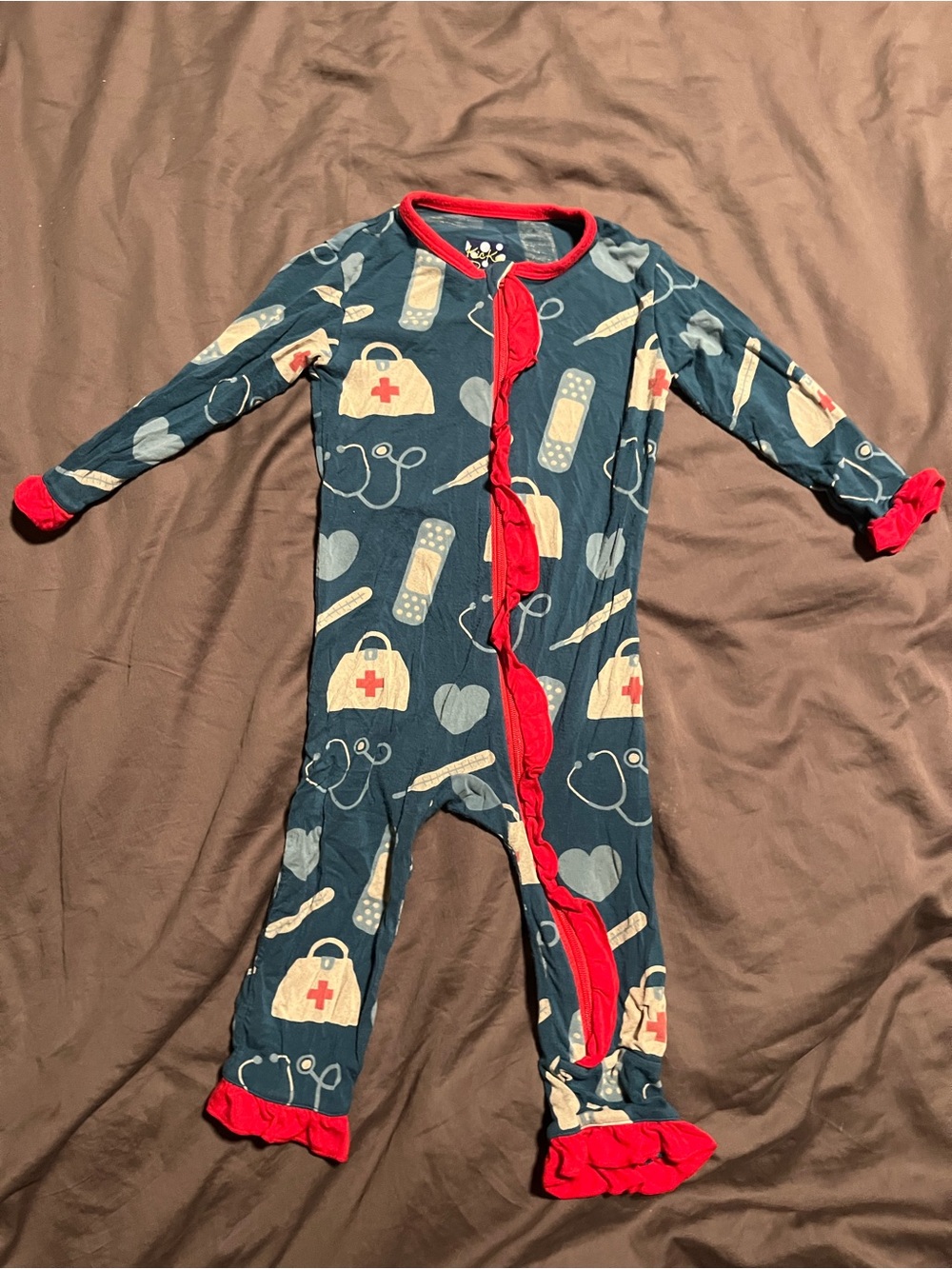 Kickee Pants Medical Print Teal One-Piece Pajamas with Red Trim